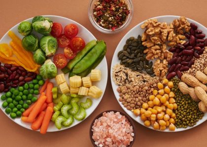 Vibrant display of assorted vegetables, legumes, nuts, and seeds on plates, perfect for healthy eating images.